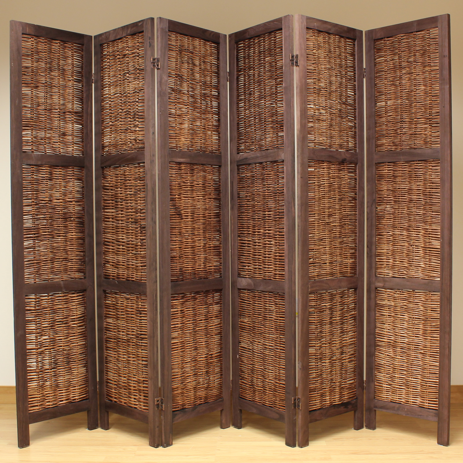 Brown 6 Panel Wood Frame Wicker Room Divider Privacy Screen/Separator