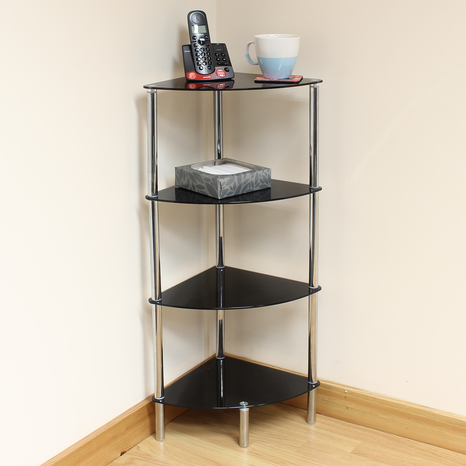 Hartleys 4 Tier Black Glass Corner Side/End Table Shelf/Display Unit ...