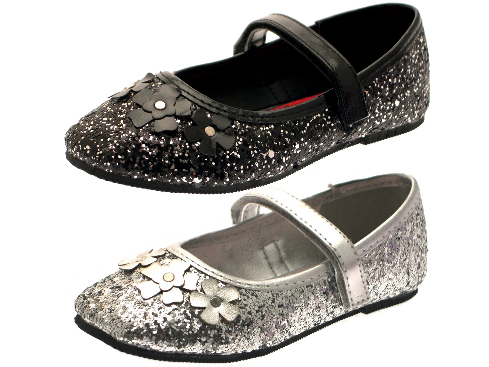 Girls Glitter Flower Party Shoes Mary Janes Flat Ballet Pumps Kids Size ...