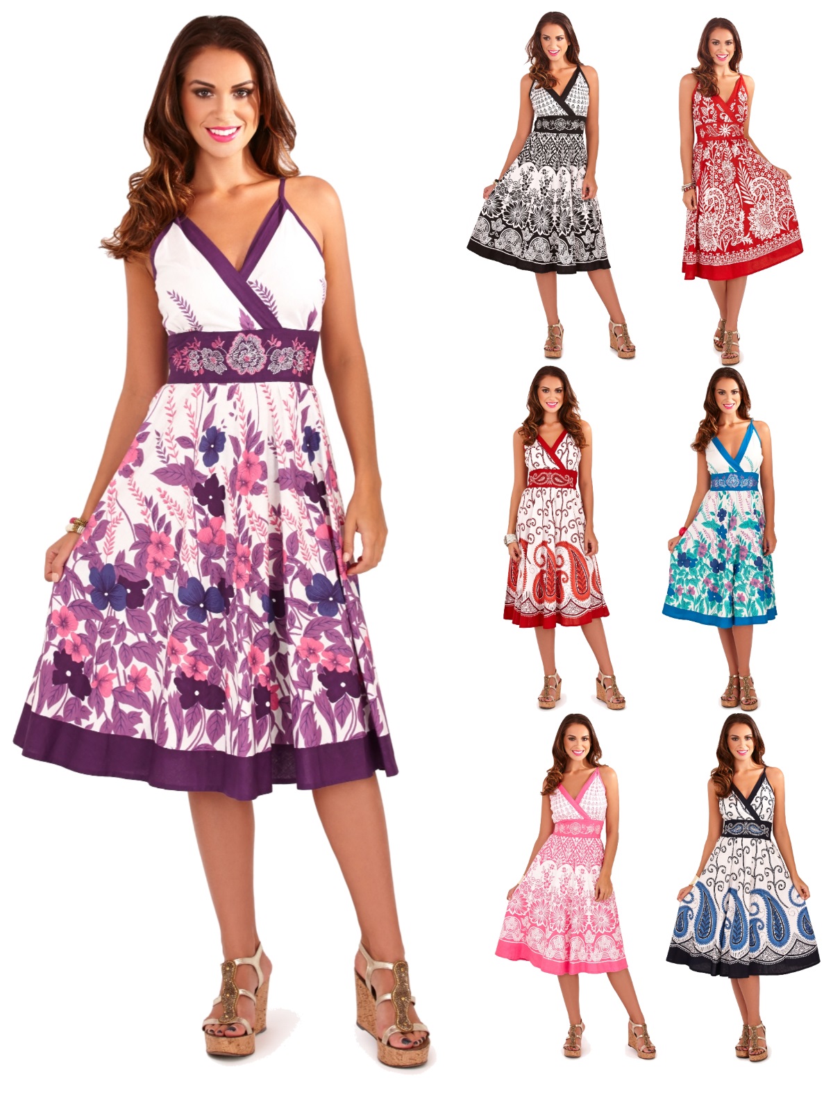 Womens Summer Dress 100% Cotton Ladies Beach Sun Dress Floral Print Mid Length  - Picture 38 of 40
