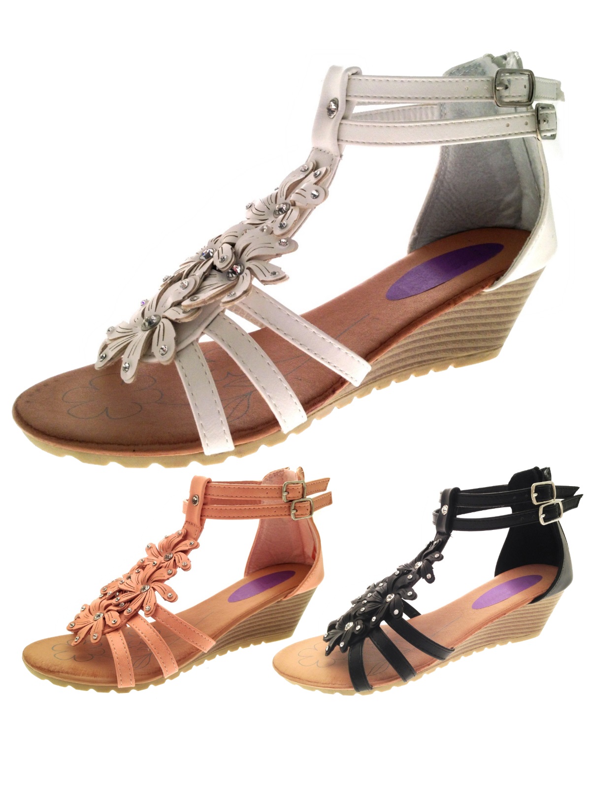 Womens Diamante Flower T Bar Summer Sandals Low Wedges Heels Shoes Womens Diamante Flower T Bar Summer Sandals Low Wedges Heels Shoes Size Uk 3 8