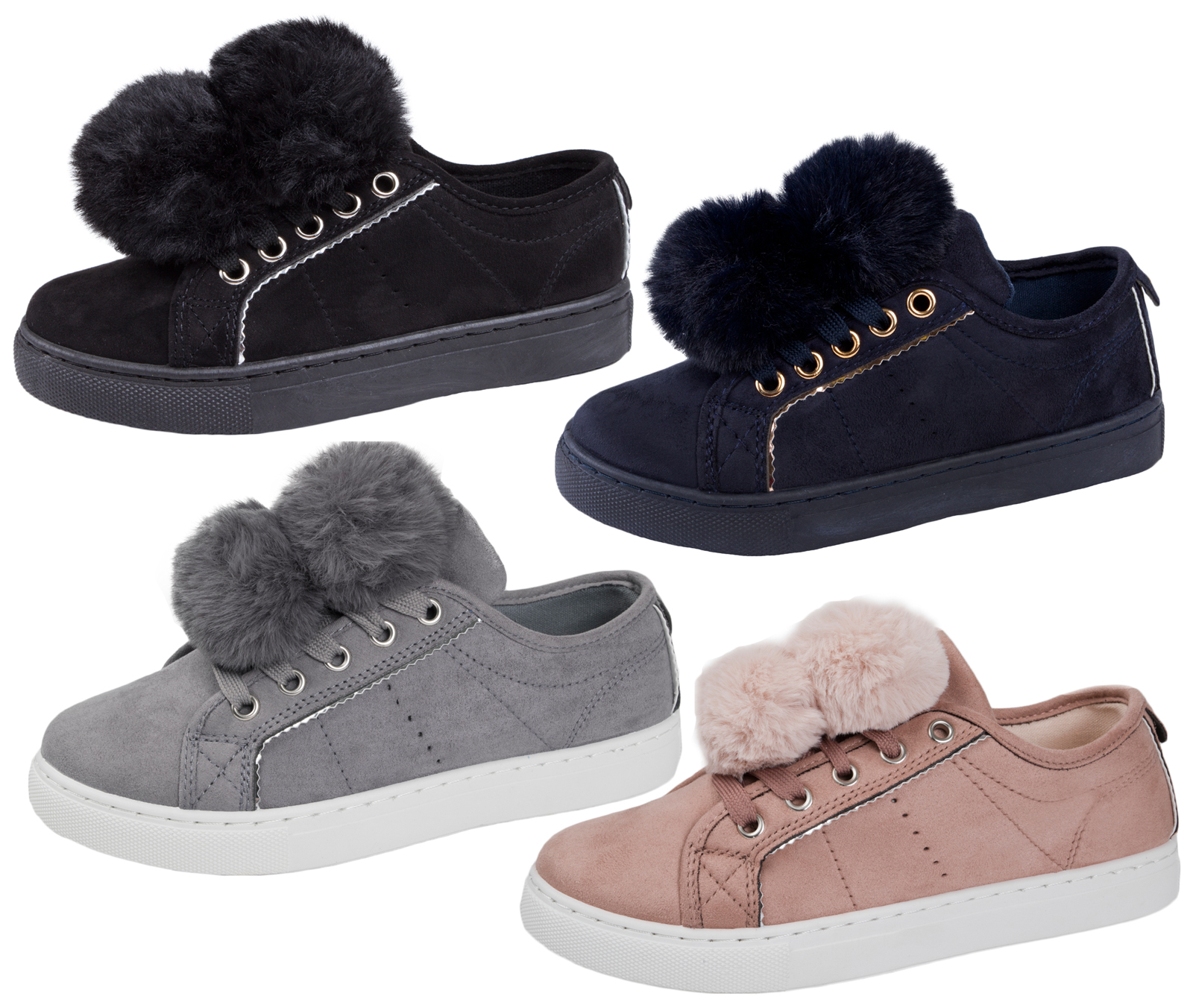 Womens Girls Pom Pom Skate Trainers 