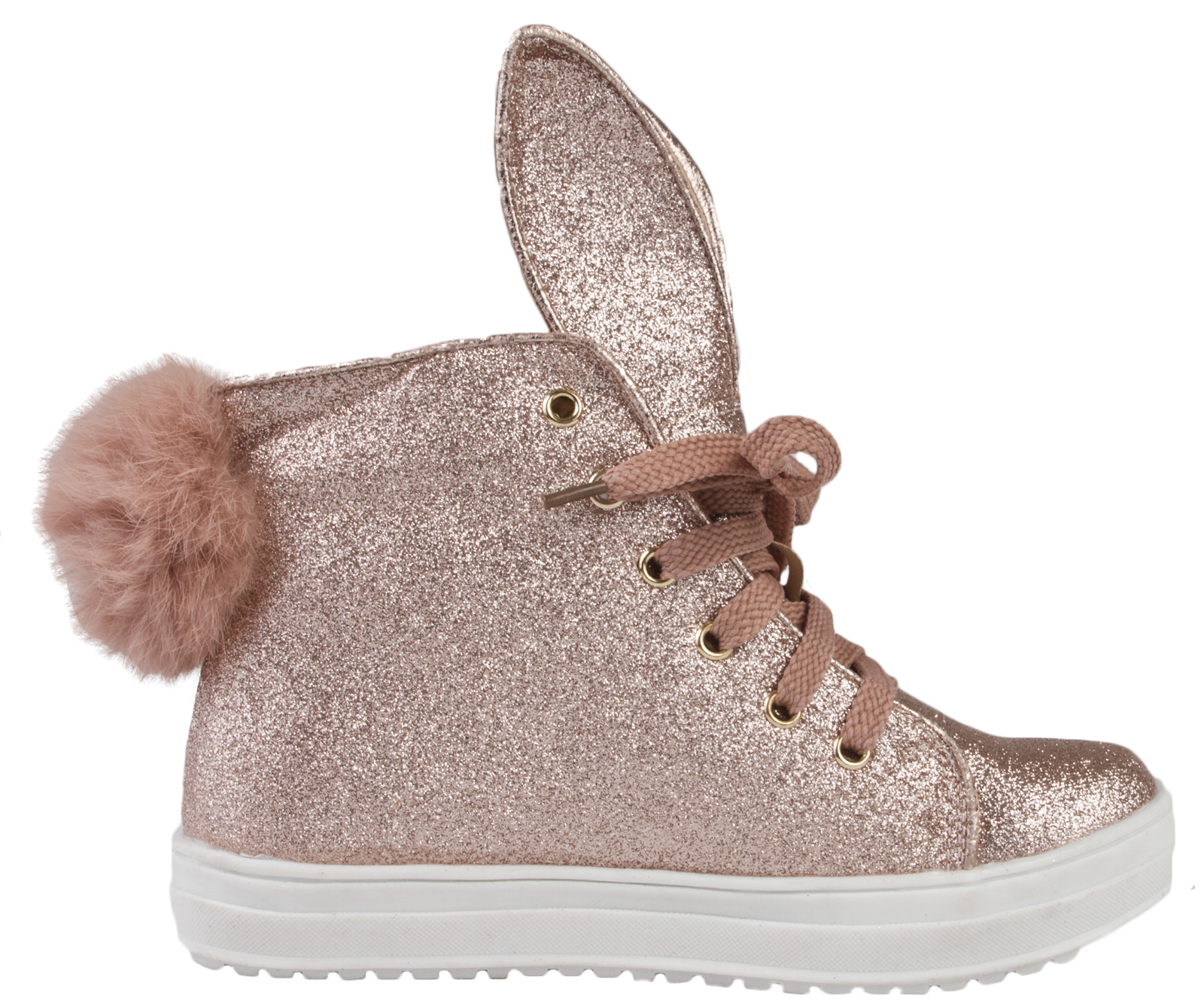 Girls Glitter Hi Tops 3D Bunny Ears Pom Pom Tail Lace Up Pumps Trainers Size