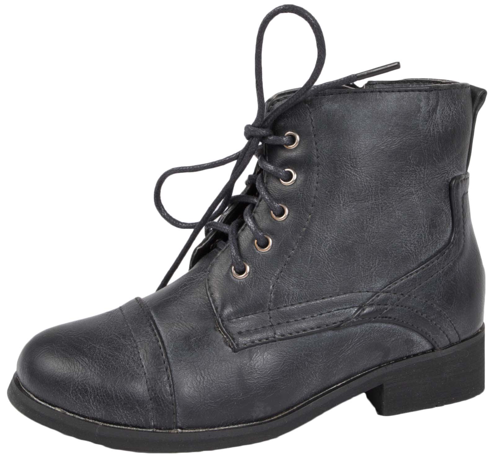 Details about Girls Lace Up Ankle Boots Faux Leather Pixie School Shoes Low Heel Party Boots