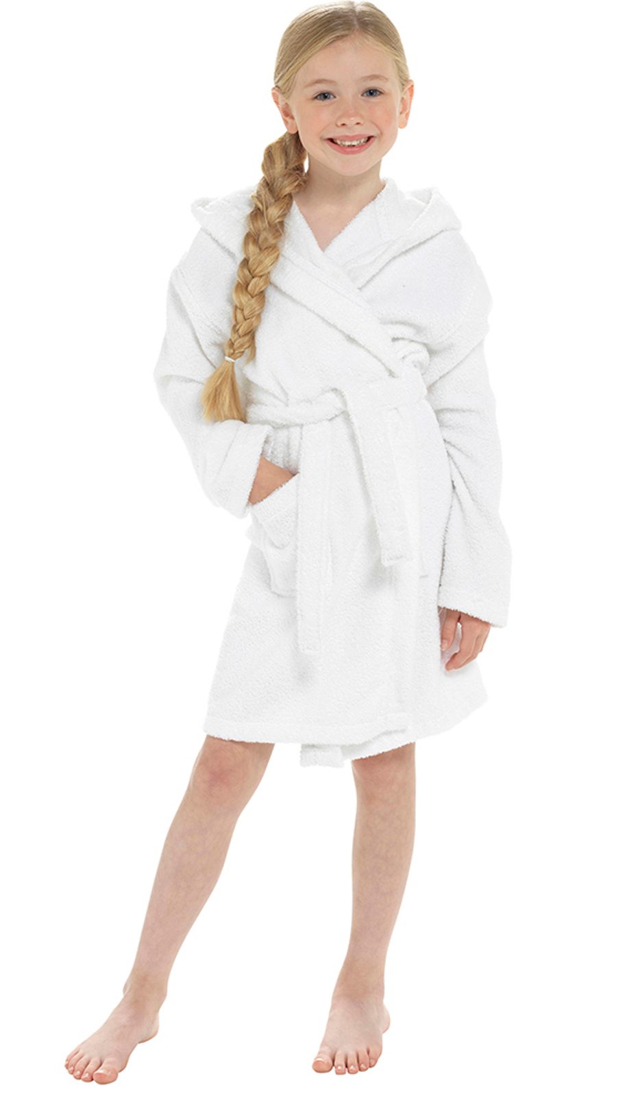 white hooded towelling bathrobe