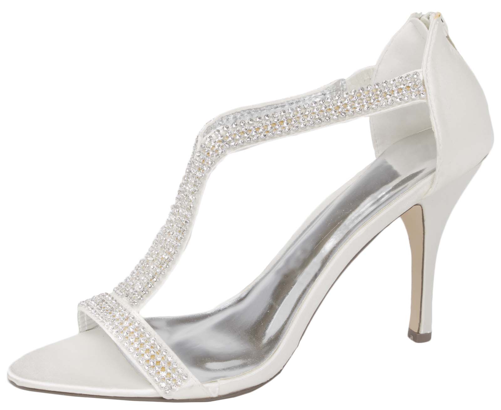 Womens Diamante Wedding Shoes T Bar Stiletto High Heels Ptoe Womens Diamante Wedding Shoes T Bar Stiletto High Heels Ptoe Party Size