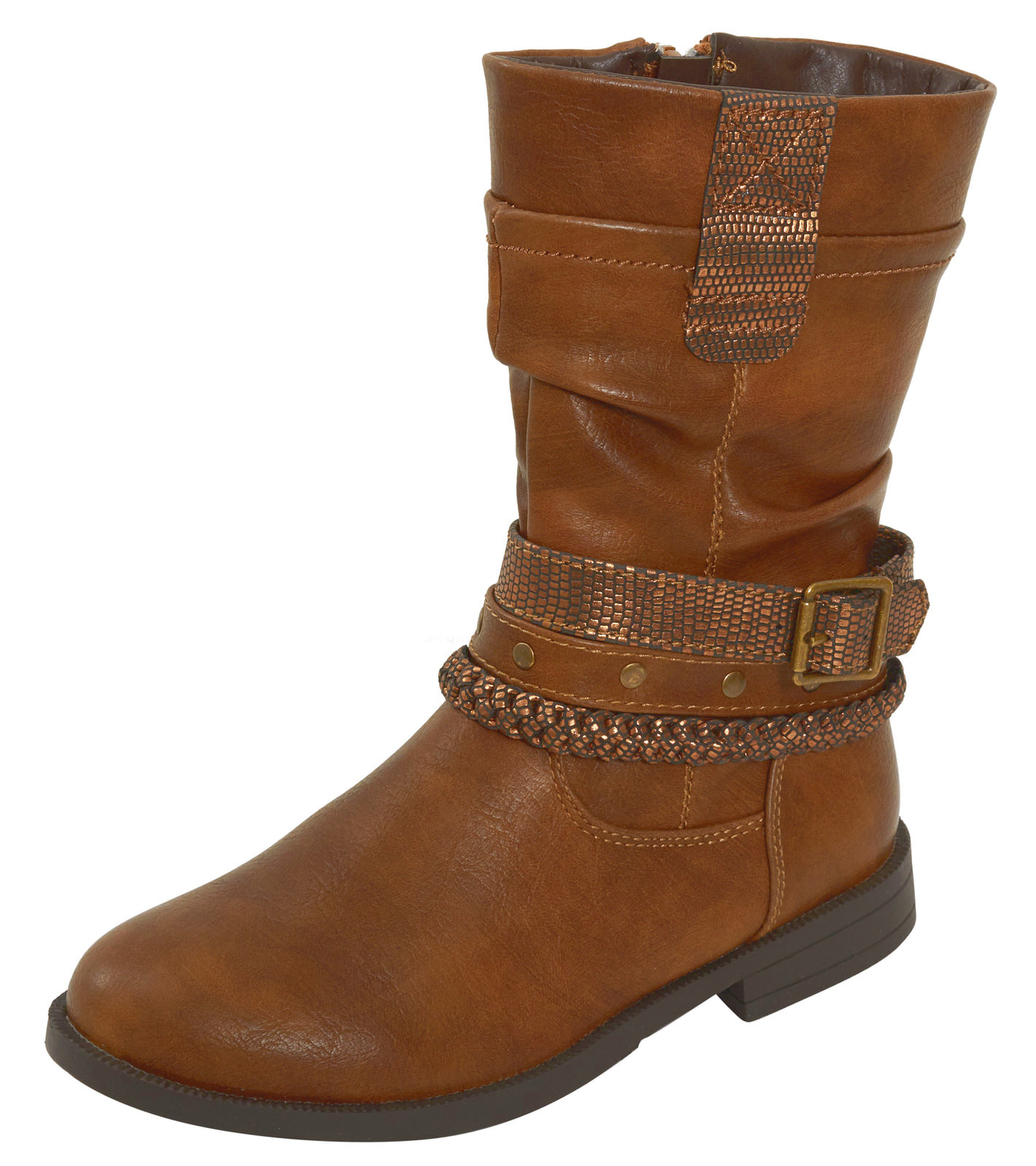 Girls Faux Leather Boots Tan Brown Mid Calf Kids Warm Lined Cowboy Biker Slouch