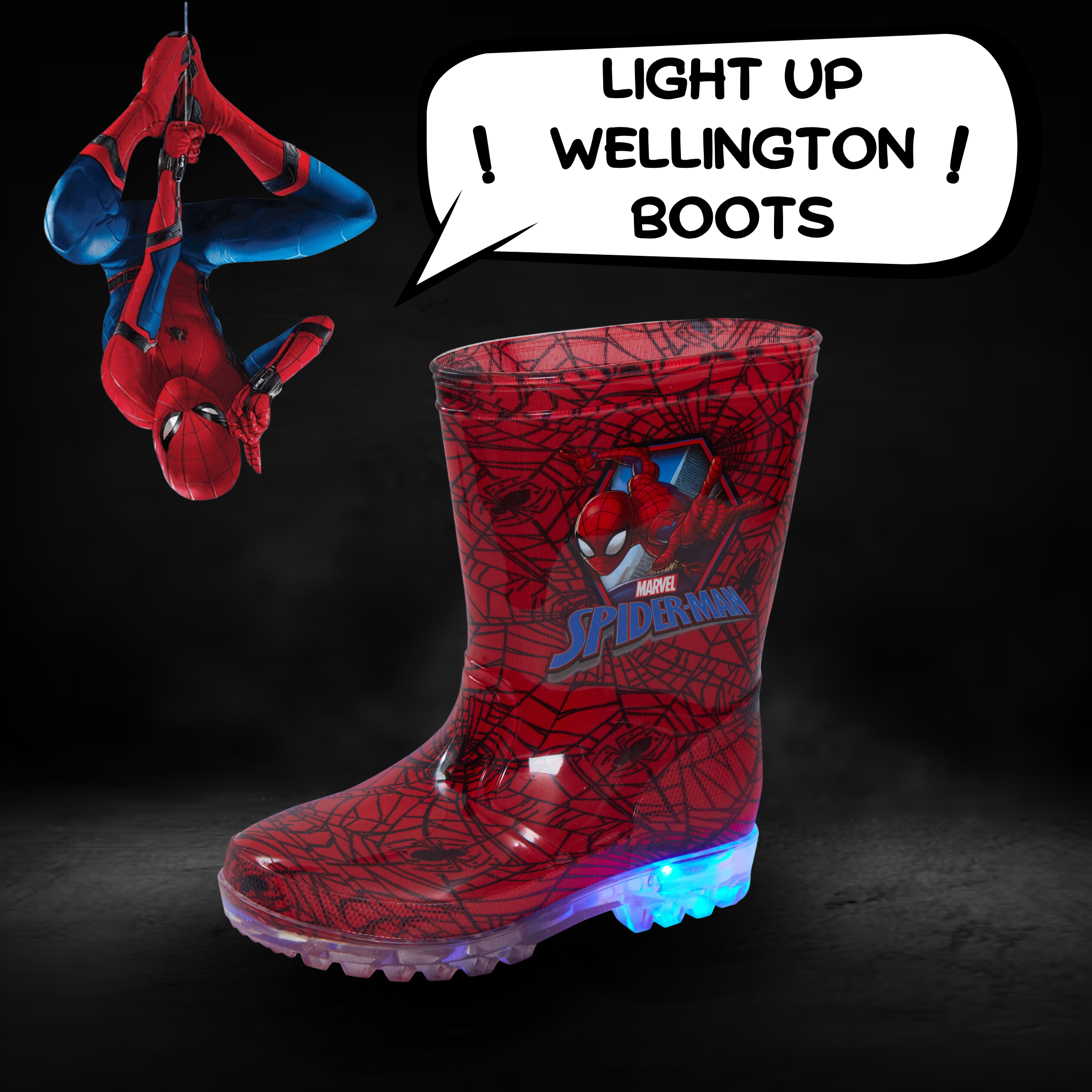 Marvel Spiderman Light Up Wellington Boots Super Hero Rain Wellies Boys Size - Picture 20 of 36