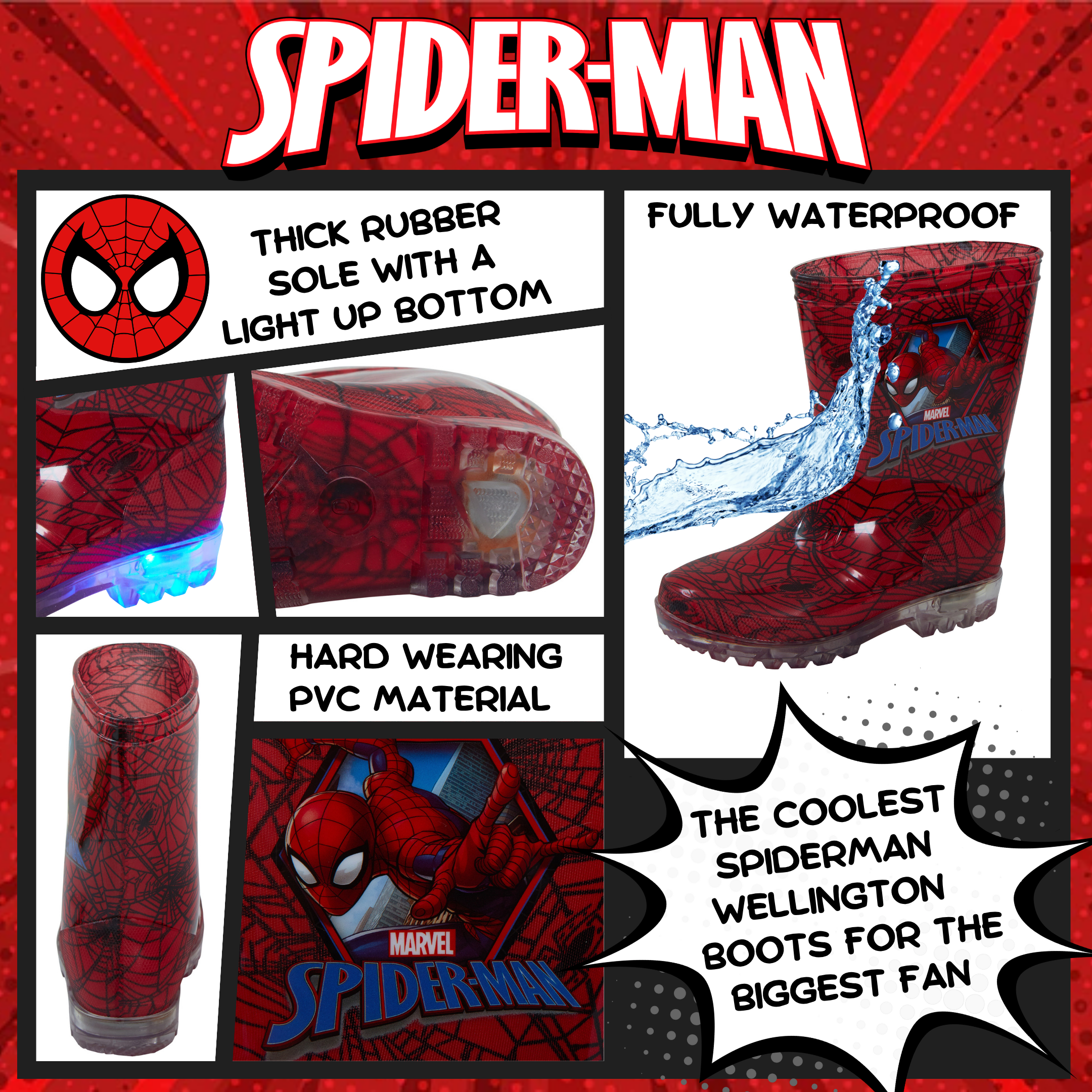 Marvel Spiderman Light Up Wellington Boots Super Hero Rain Wellies Boys Size - Picture 21 of 36