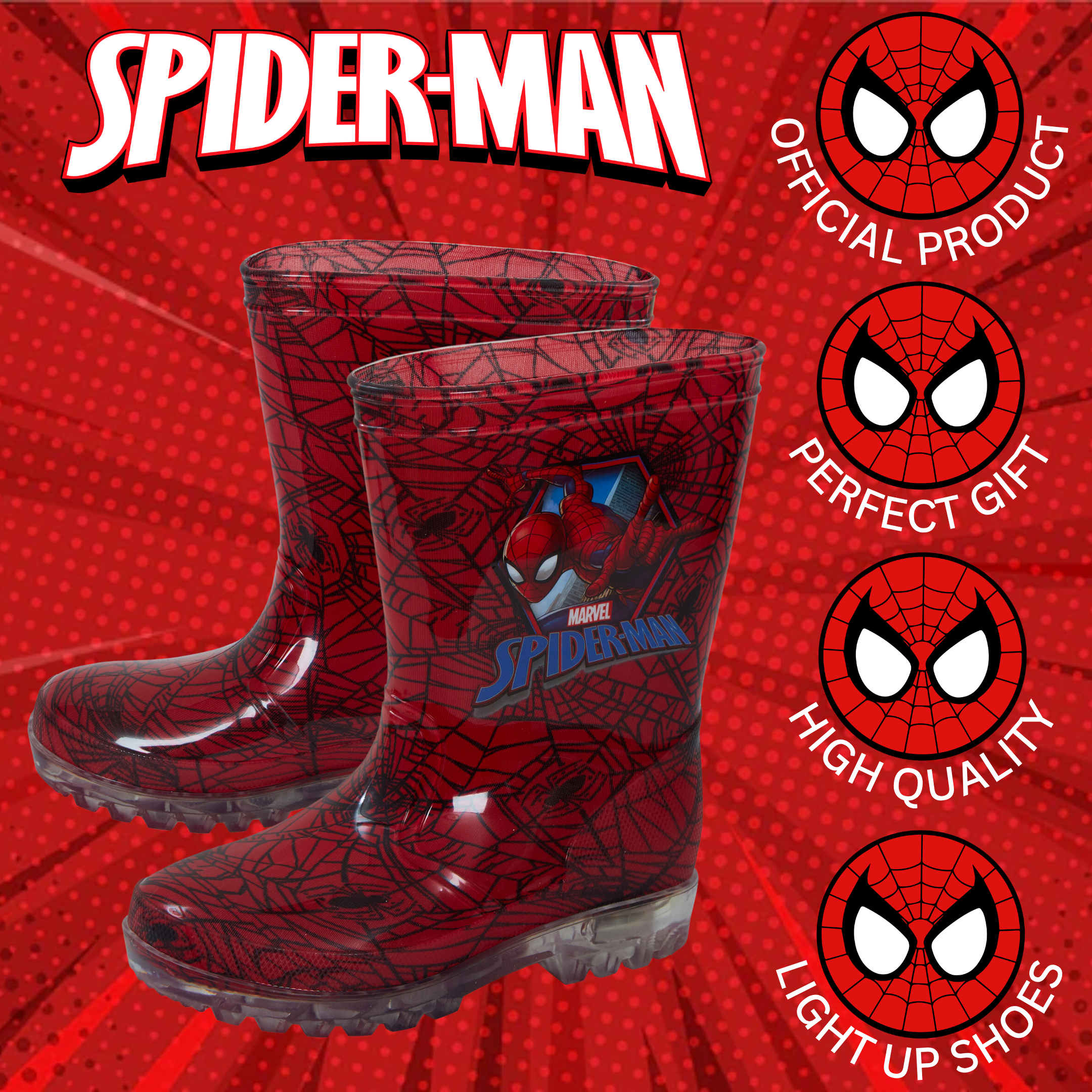 Marvel Spiderman Light Up Wellington Boots Super Hero Rain Wellies Boys Size - Picture 23 of 36