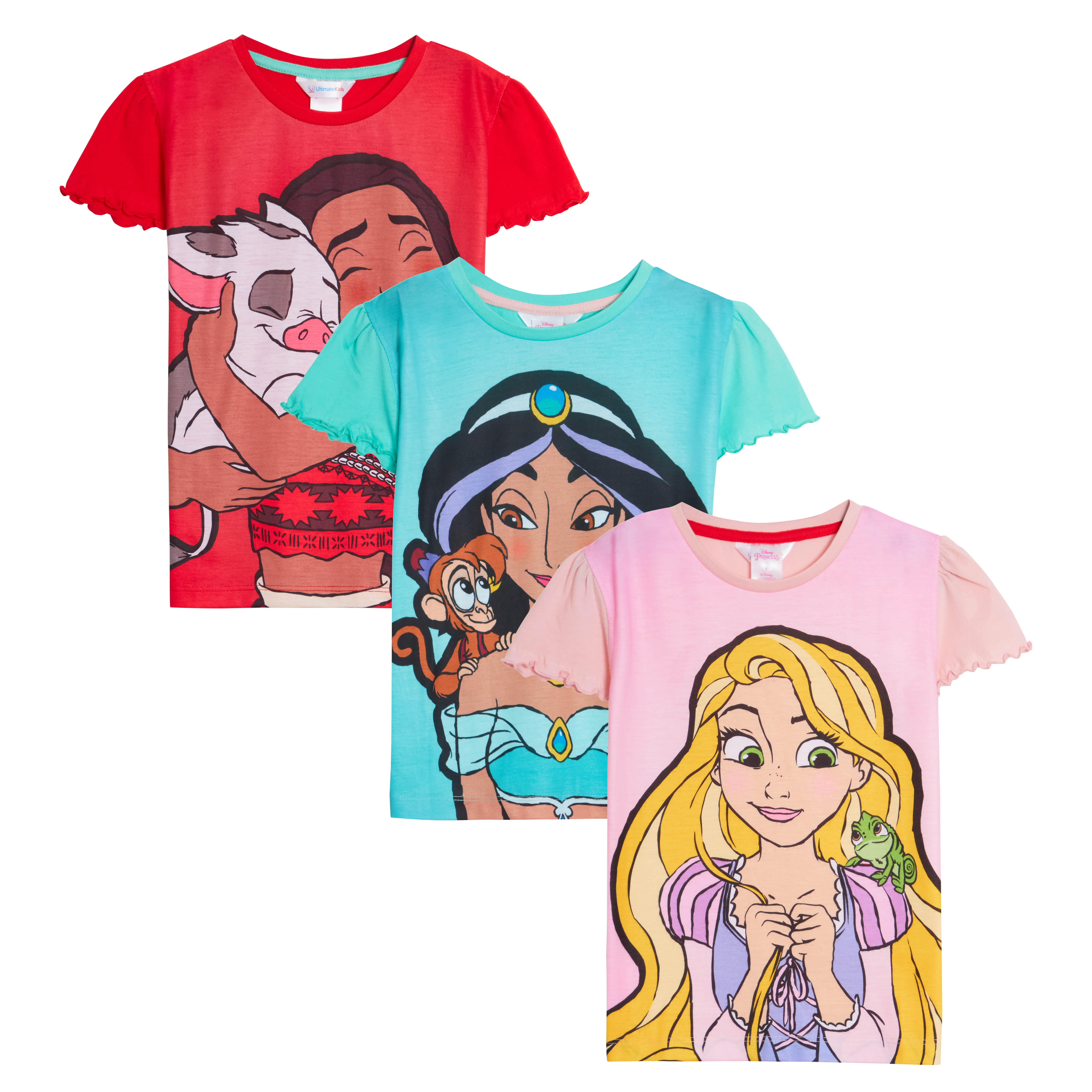 Girls 3 Pack Disney Princess T-Shirts Kids Jasmine Moana Rapunzel Dress Up Top - Picture 29 of 49