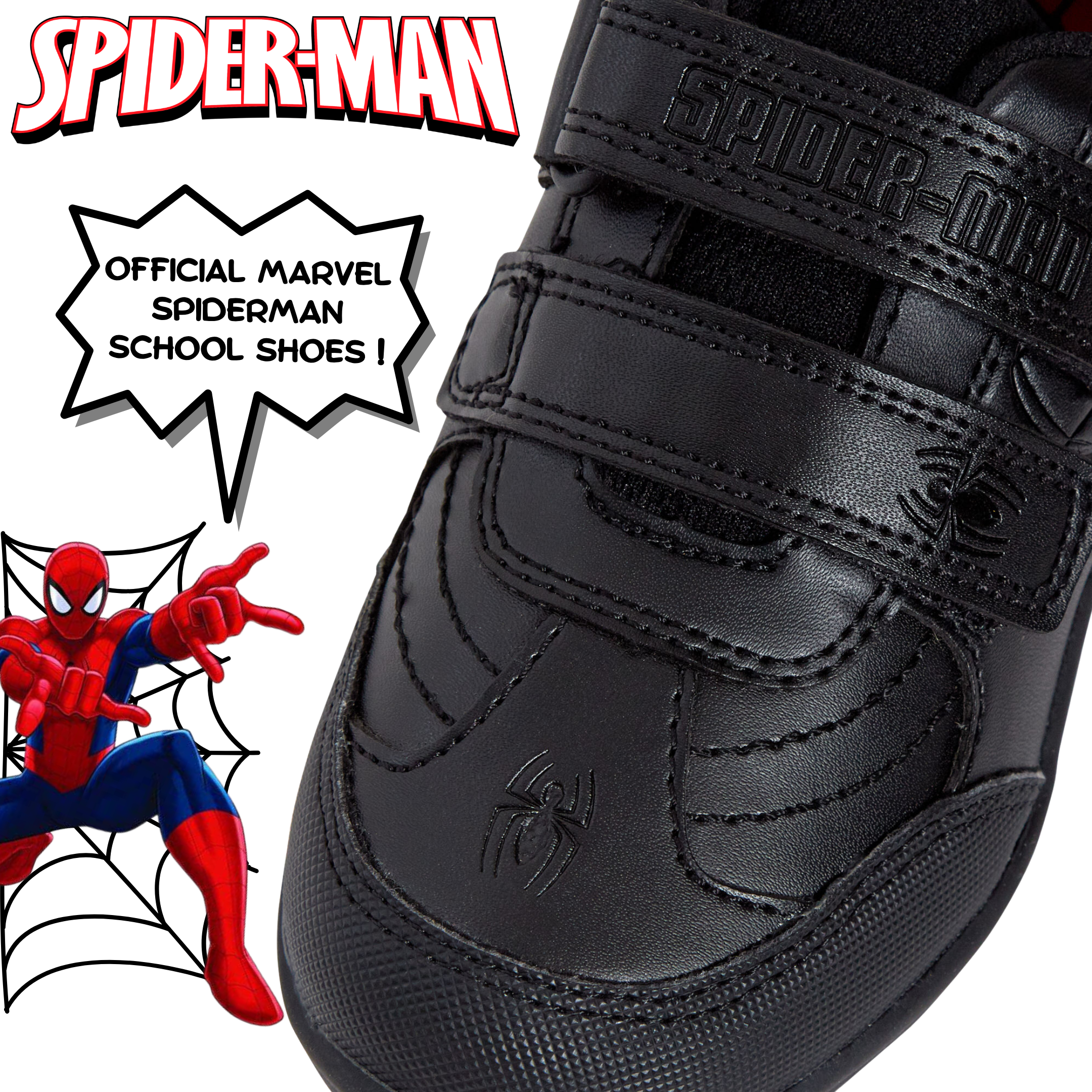 Spiderman Boys School Shoes For Kids Black Trainers Shoes Easy Touch Fastening