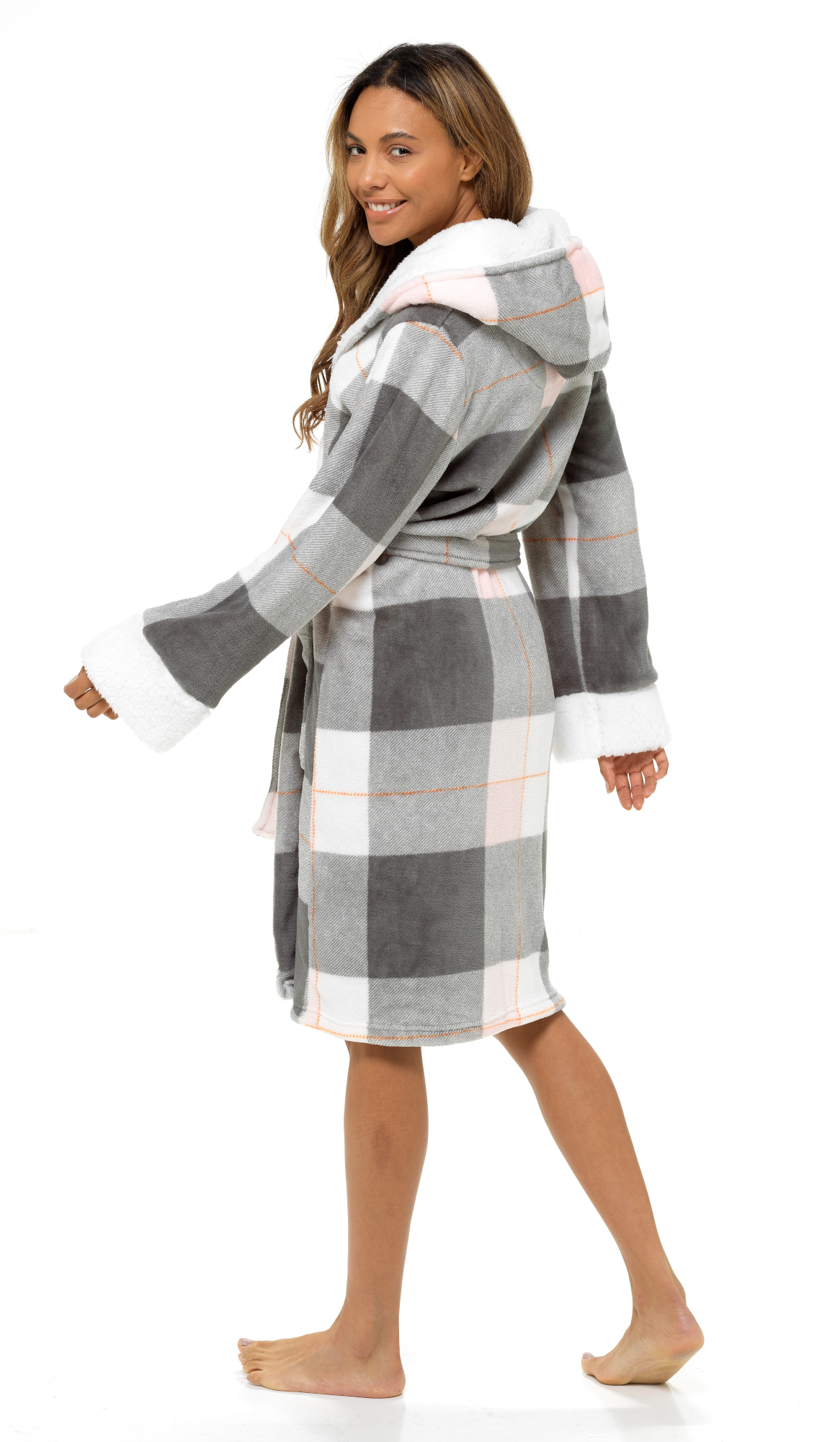 Ladies Dressing Gown Womens Luxury Tartan Check Robe Hooded Sherpa