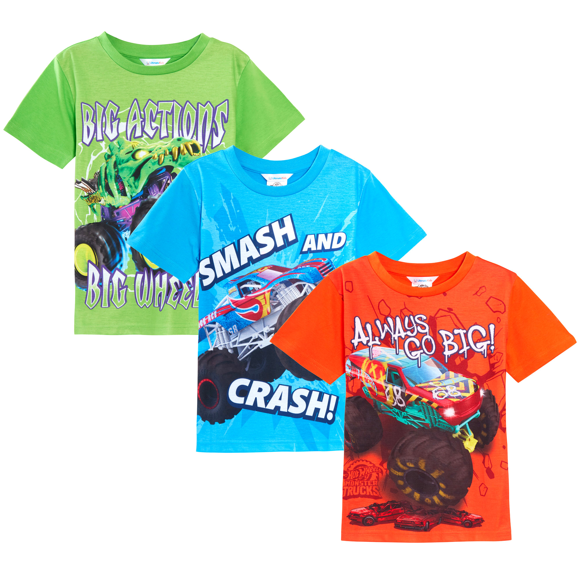 Boys 3 Pack Monster Trucks T-Shirts Kids Hot Wheels Multipack Short Summer Tees 