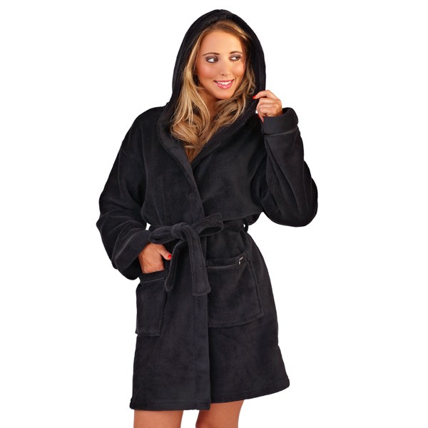 Womens Short Robe Luxury Corel Fleece Hooded Bathrobe Housecoat Wrap