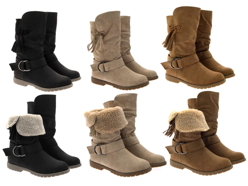 WOMENS SLOUCH CUFF FLAT RIDING BOOTS MIDCALF FAUX SUEDE LADIES SHOES ...