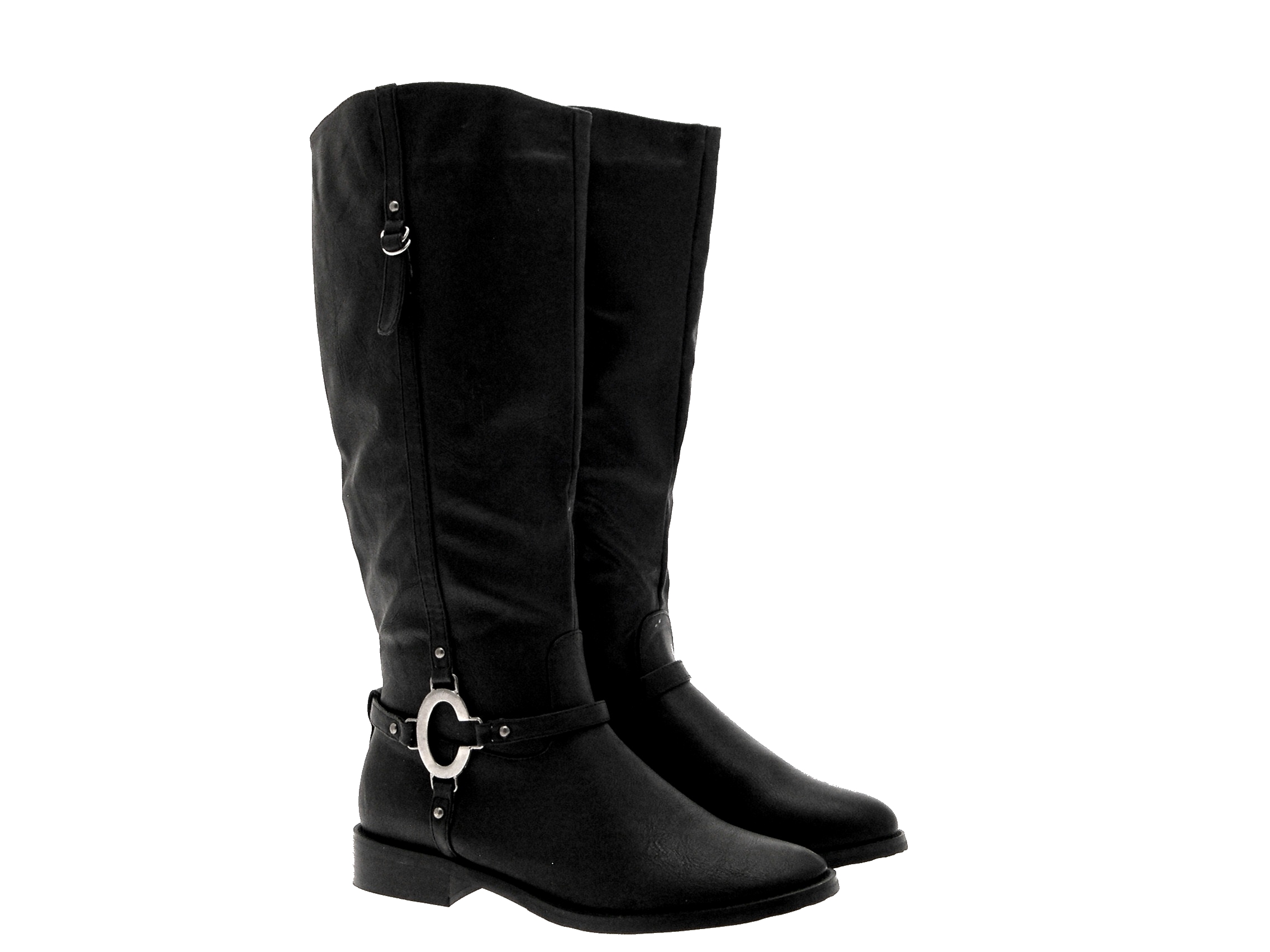 Womens Faux Leather Riding Boots Two Tone / Stirrup Flat Biker Knee