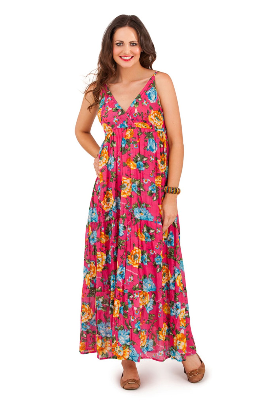 Womens 100% Cotton Flower V Neck Maxi Full Length Summer Dress Ladies ...