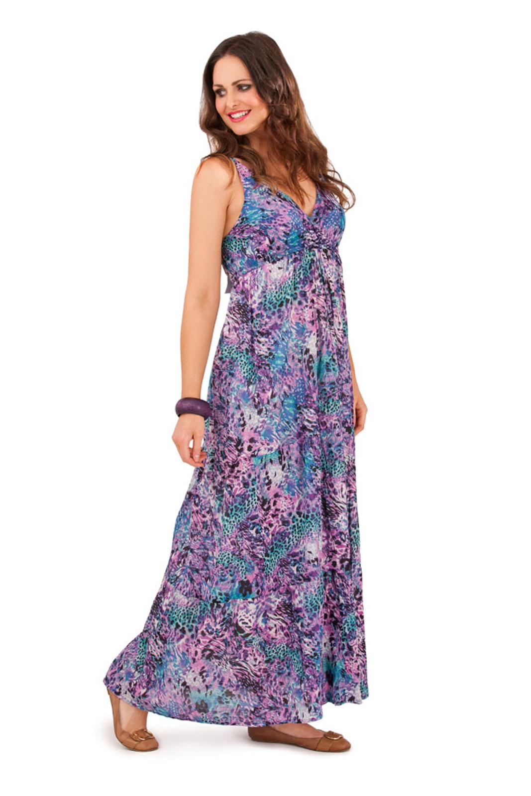 Womens 100% Cotton Flower V Neck Maxi Full Length Summer Dress Ladies ...
