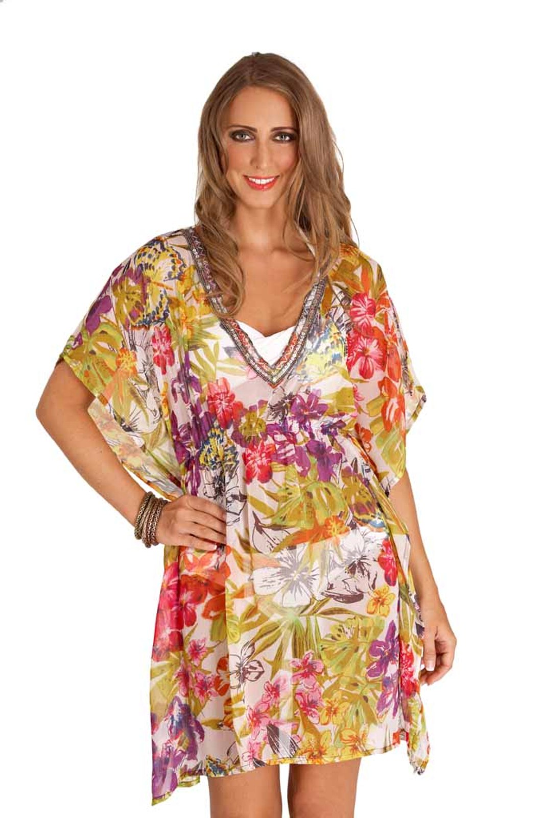 Womens Chiffon Kaftan Floral Beachwear Cover Up Short Summer Dress ...