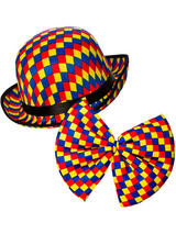 Clown Bowler Hat & Tie (Patterned Colours)