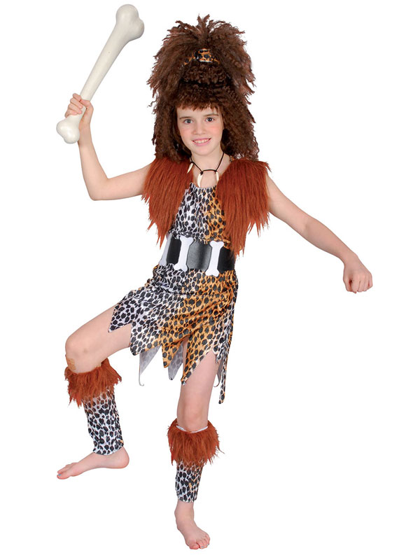 Girls Cavegirl Costume And Wig Stone Age Kids Fancy Dress ...