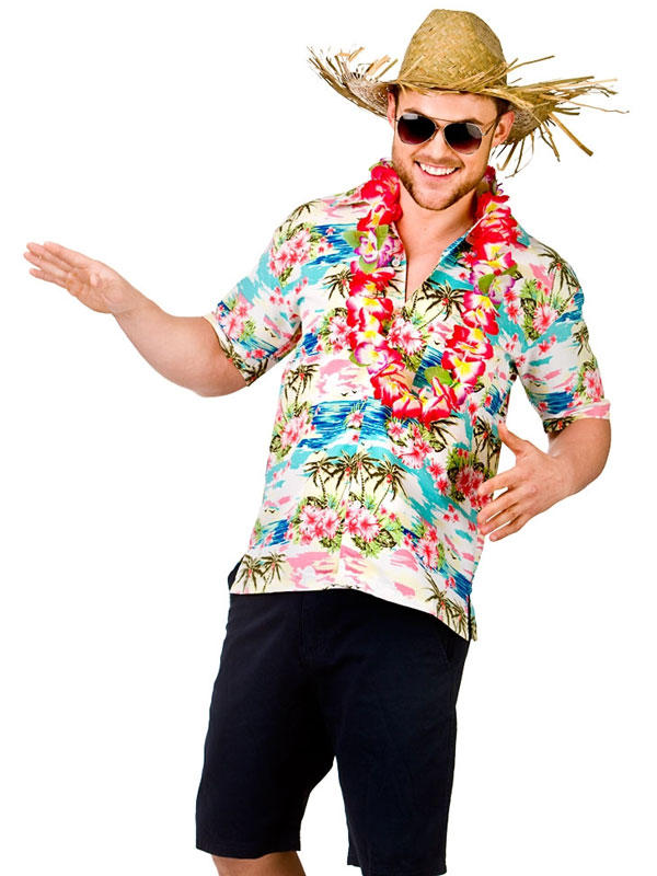 Adult Mens Hawaii Shirt Pink Flower & Palm Trees