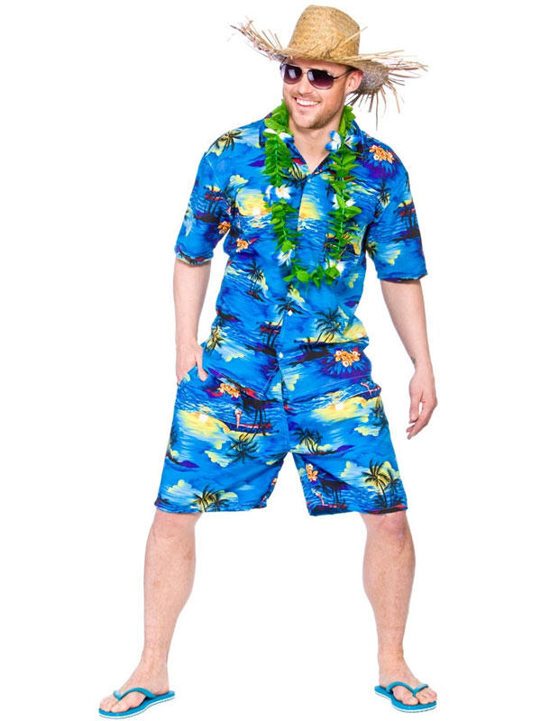 Adult Mens Hawaiian Party Guy Blue Palm Shirt & Short