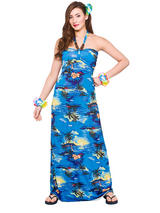 Adult Ladies Hawaii Maxi Dress Blue Palm Costume
