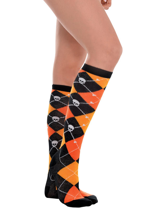 Adult Knee High Skull N Crossbones Argyle Socks - Orange
