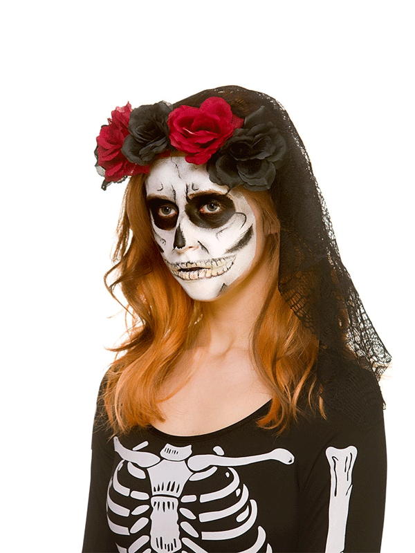 Black Lace Veil With Dark Red & Black Roses