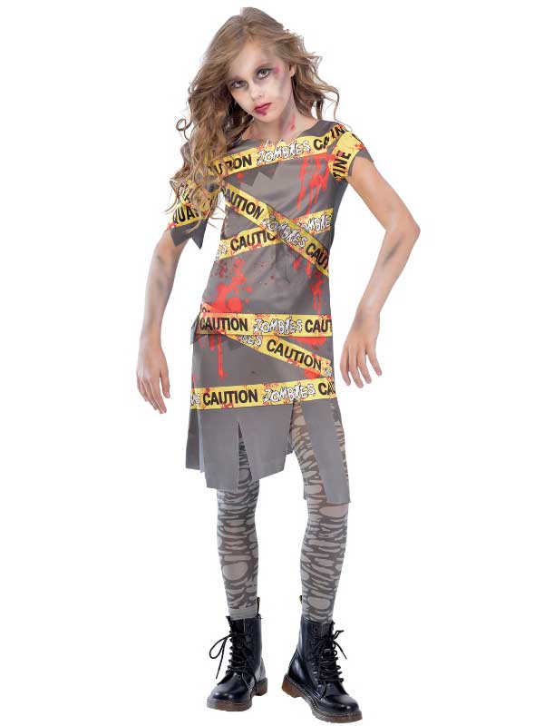 Boys Girls Caution Zombie Costume Childs Halloween Fancy Dress Kids
