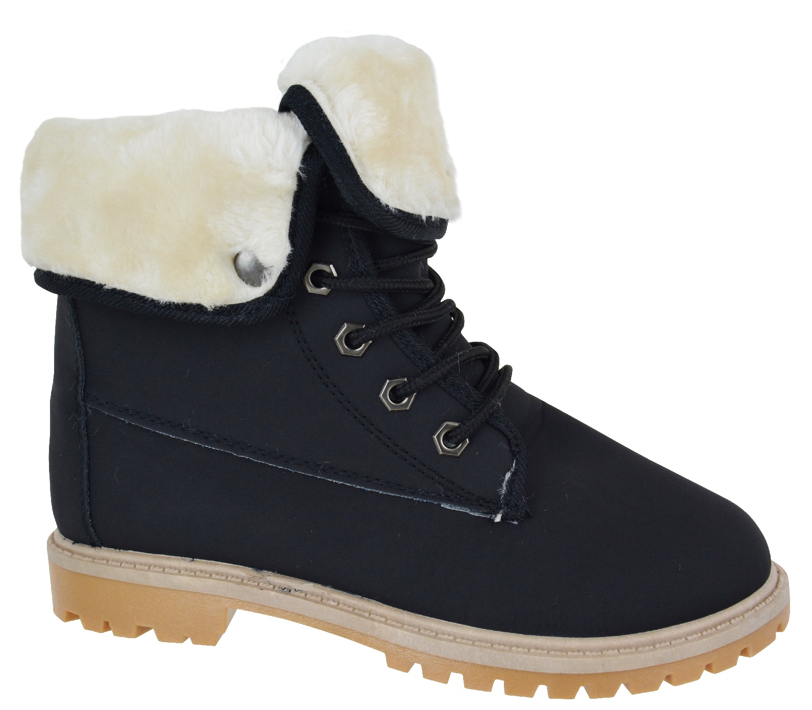 WOMENS LADIES FLAT FUR LINED GRIP SOLE WINTER ARMY COMBAT ANKLE BOOTS ...