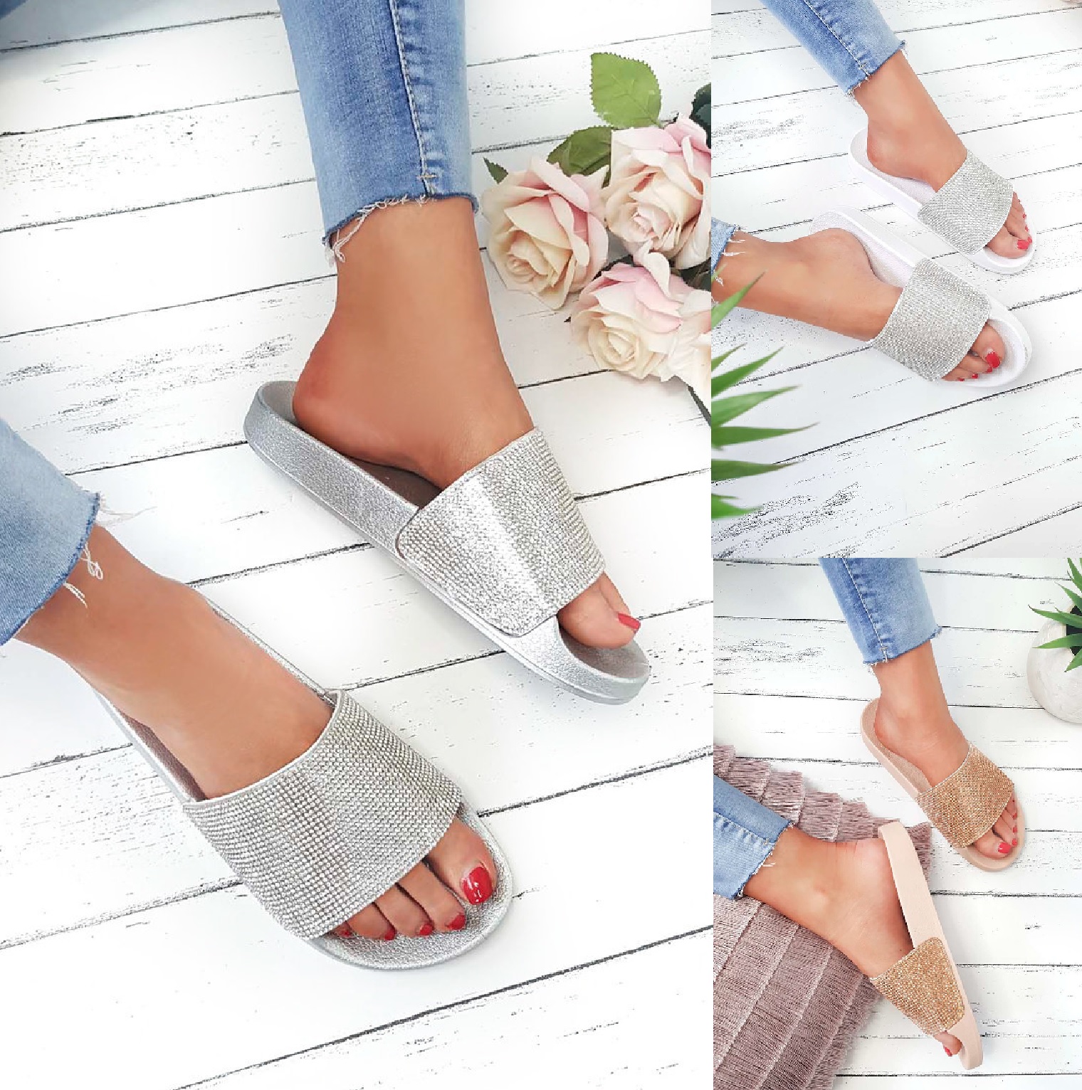 ladies diamante sliders