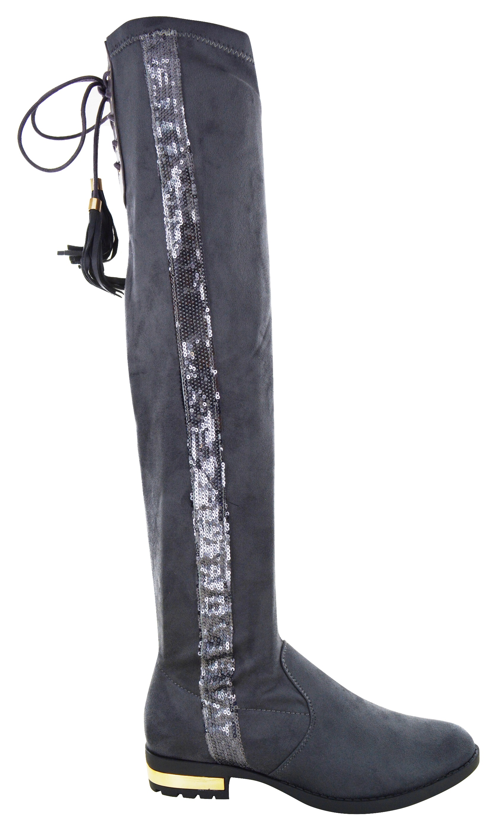 LADIES WOMENS OVER THE KNEE HIGH STUD FUR FLAT LOW HEEL GOLD TRIM BOOTS SIZE 38 eBay