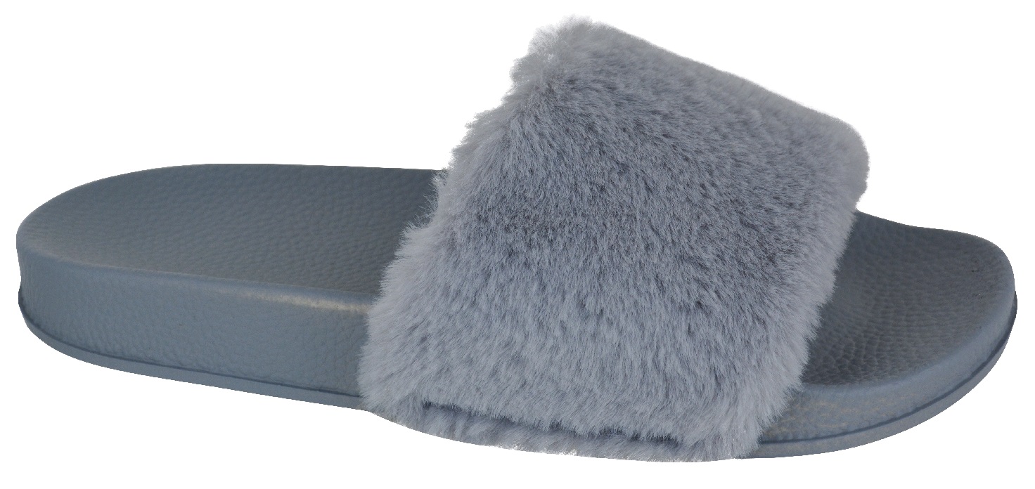 Ladies Womens Celebrity Style Fluffy Faux Fur Sliders Slippers Flip Flop Shoes 