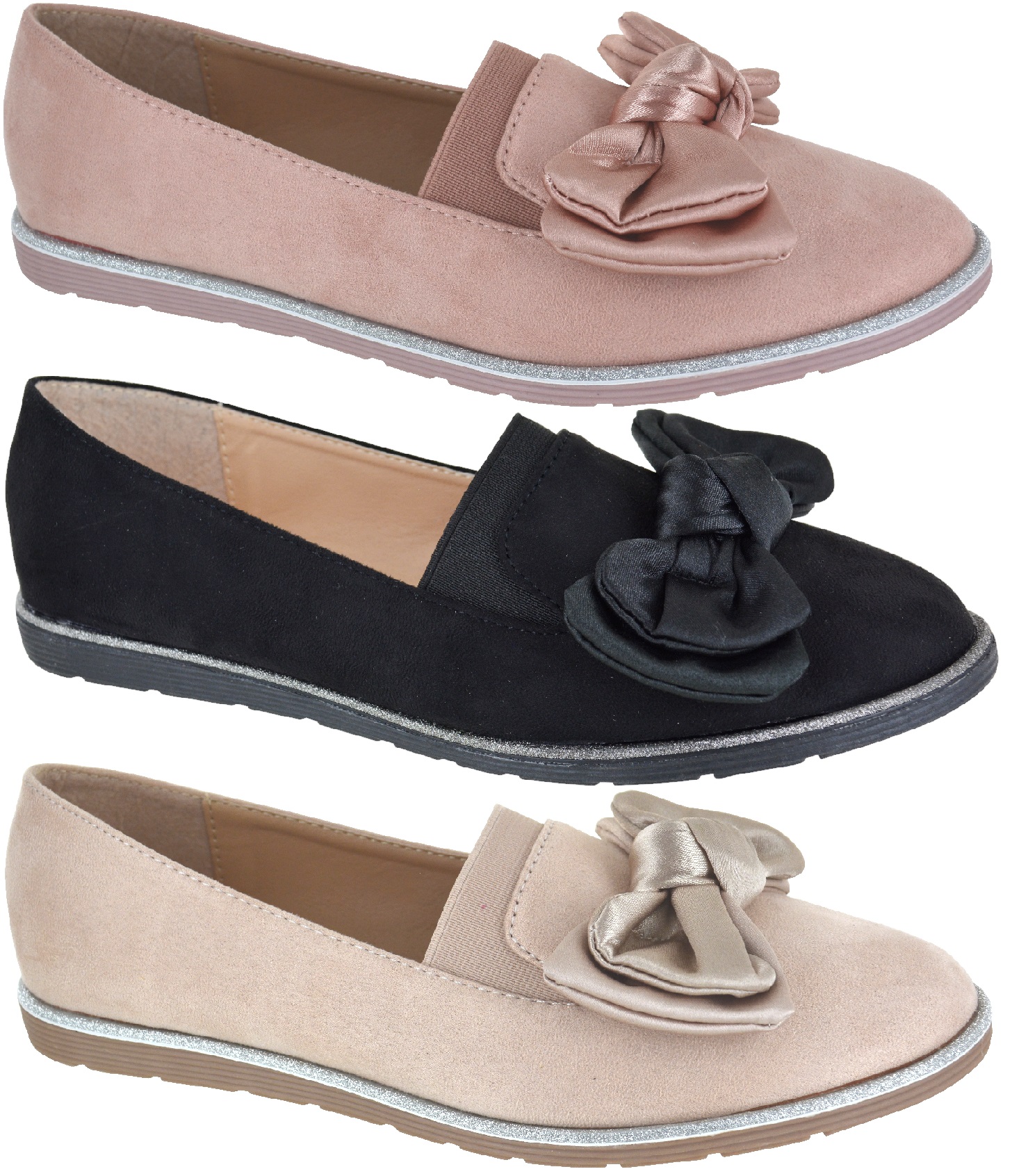 LADIES WOMENS FLAT BOW OFFICE STUDS PUMP SCHOOL LOAFERS BALLET PUMPS SHOES SIZE