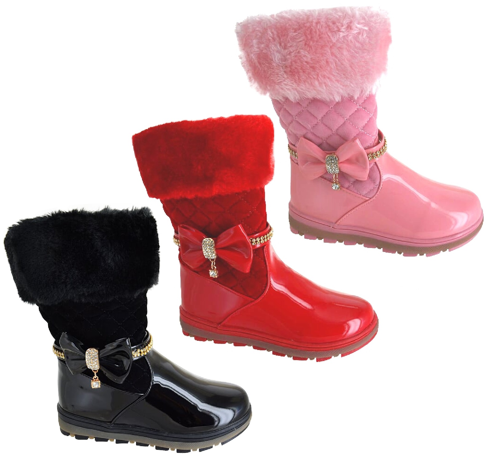 KIDS GIRLS WINTER FAUX FUR LINED GRIP SOLE ZIP BOW MID CALF SNOW SHOES BOOTS SZ
