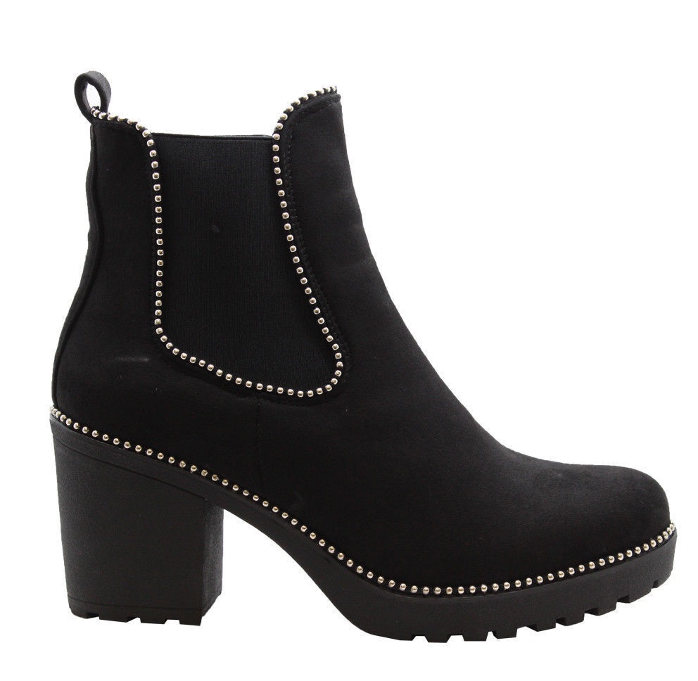 WOMENS LADIES STUDDED PEARL PUNK COMFY LOW BLOCK HEEL LADIES BOOT SHOES SIZE 3-8