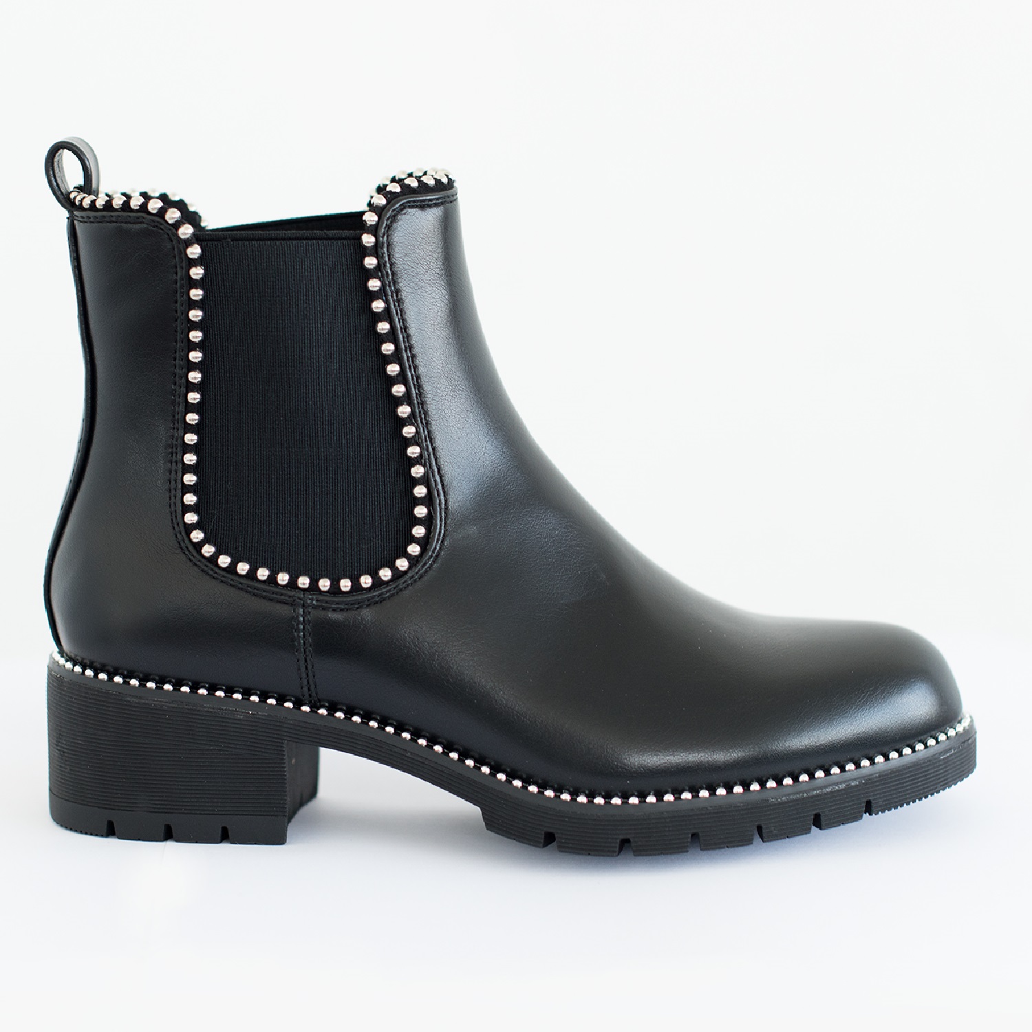 DAMEN NIEDRIGER BLOCKABSATZ FLACH DAMEN KNÖCHEL GROBE SOHLE CHELSEA NIETEN SCHUHE STIEFEL - Bild 7 von 9
