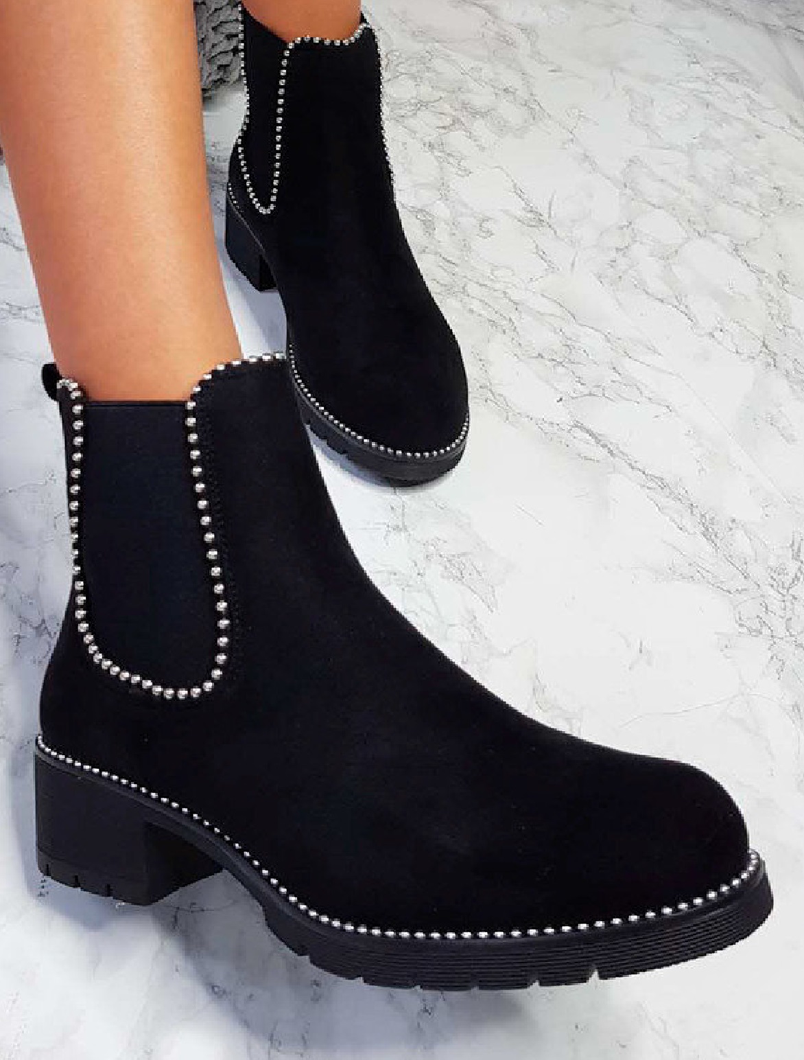 DAMEN NIEDRIGER BLOCKABSATZ FLACH DAMEN KNÖCHEL GROBE SOHLE CHELSEA NIETEN SCHUHE STIEFEL - Bild 8 von 9