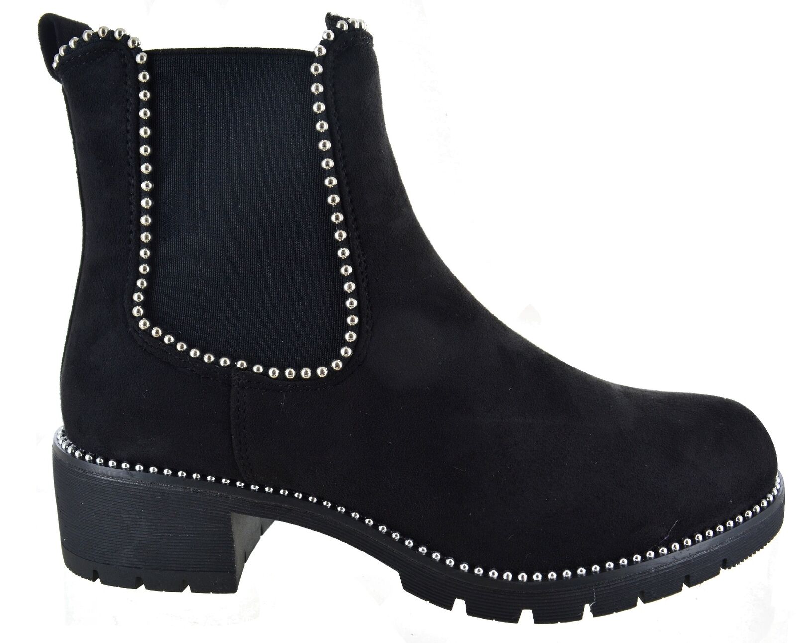 DAMEN NIEDRIGER BLOCKABSATZ FLACH DAMEN KNÖCHEL GROBE SOHLE CHELSEA NIETEN SCHUHE STIEFEL - Bild 9 von 9