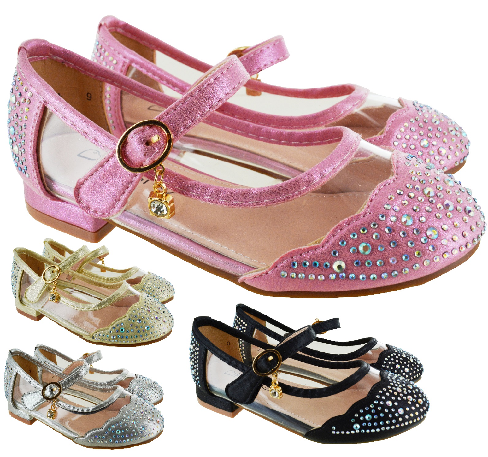 Kids Childrens Girls Flat Diamante Party Shoes Bridal Wedding