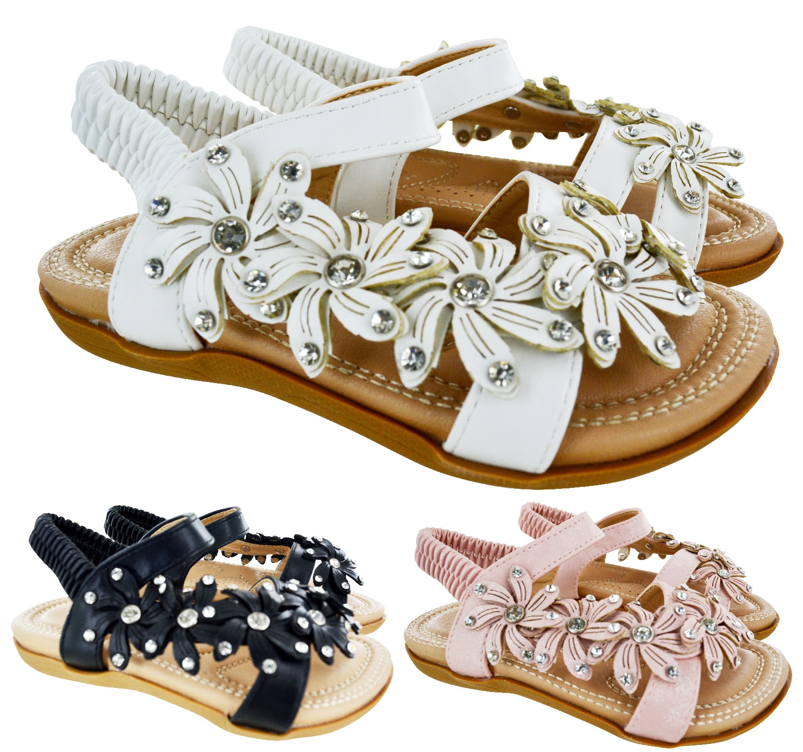 GIRLS KIDS CHILDREN FLAT DIAMANTE SLING BACK COMFORT SUMMER BEACH SANDALS SZ 6-2