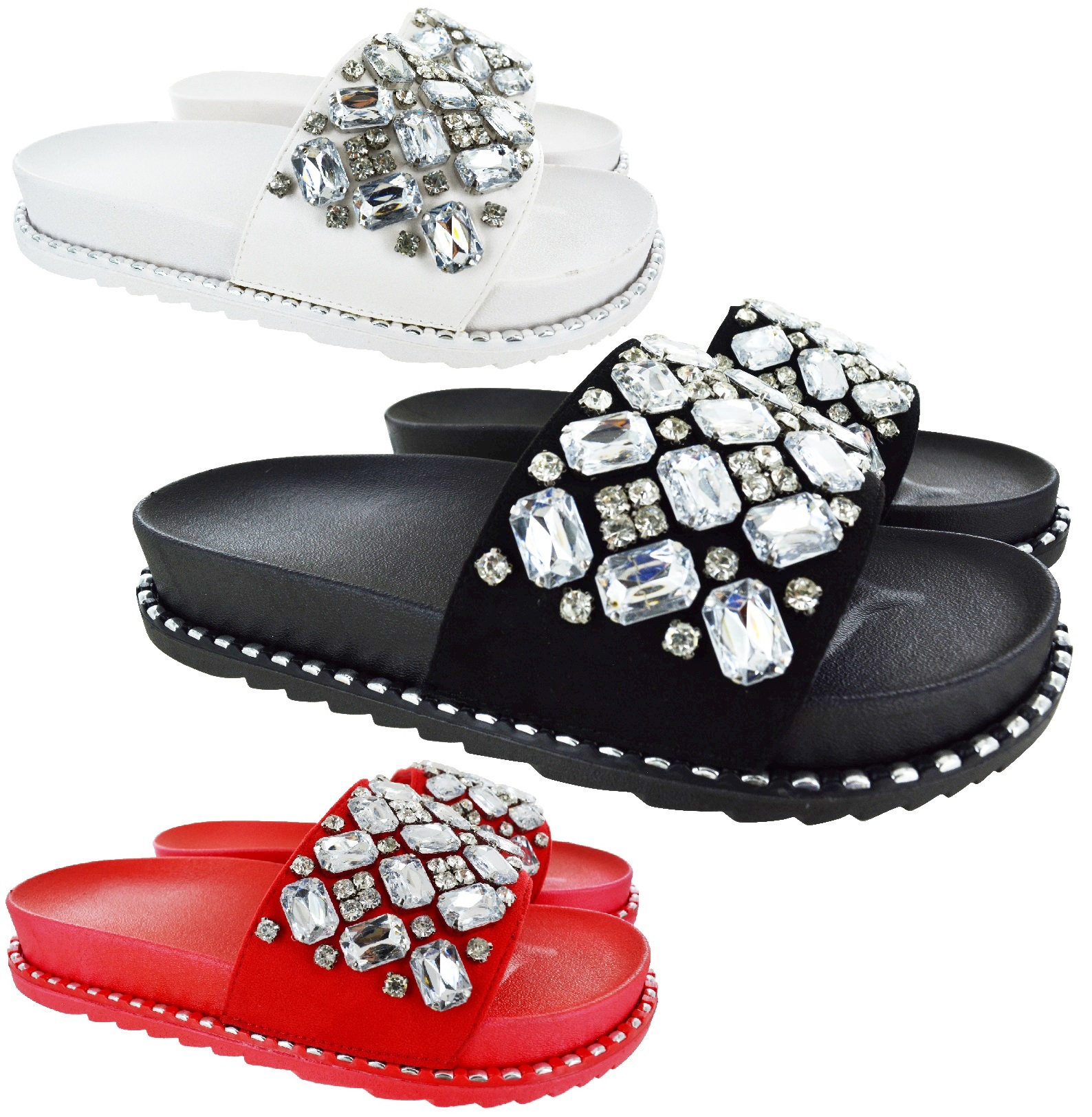 LADIES WOMENS FLAT STUDS SUMMER LOW HEEL DIAMANTE BEACH HOILDAY SANDALS SHOES