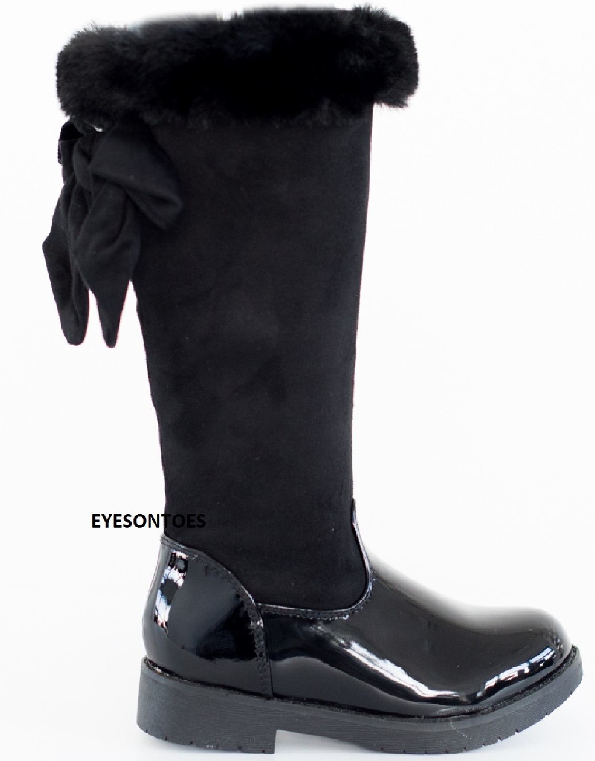 GIRLS CHILDREN KIDS FUR BOW OVER THE KNEE WINTER FLAT SCHOOL BLACK