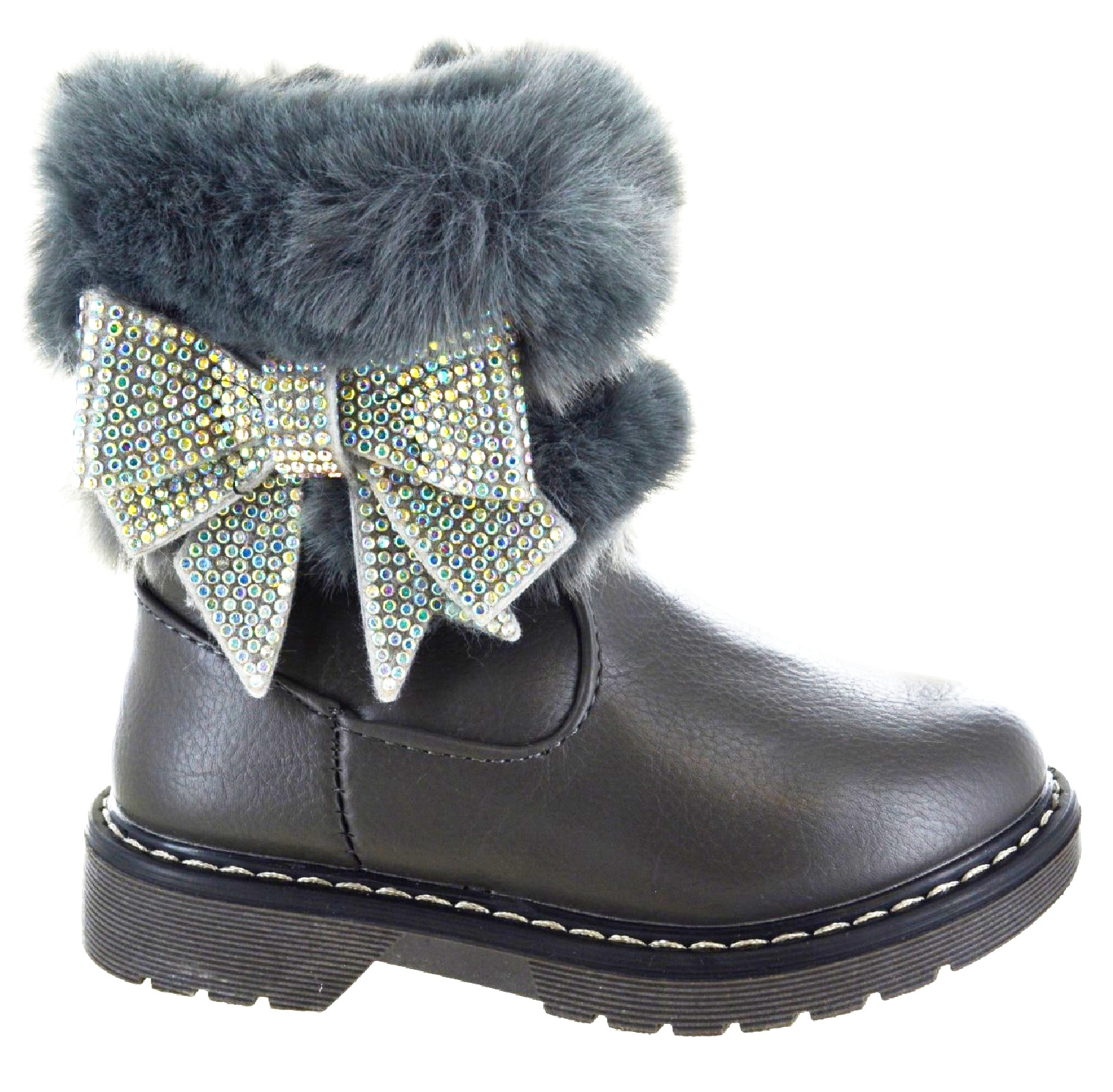 KIDS GIRLS WINTER WARM FAUX FUR LINED BOW CHILDREN ANKLE GRIP SOLE SNOW BOOTS SZ