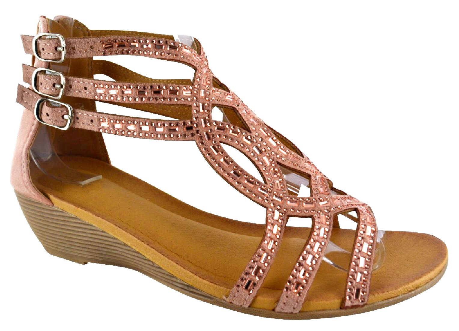 LADIES WOMENS LOW MID WEDGE SUMMER DIAMANTE ZIP COMFY