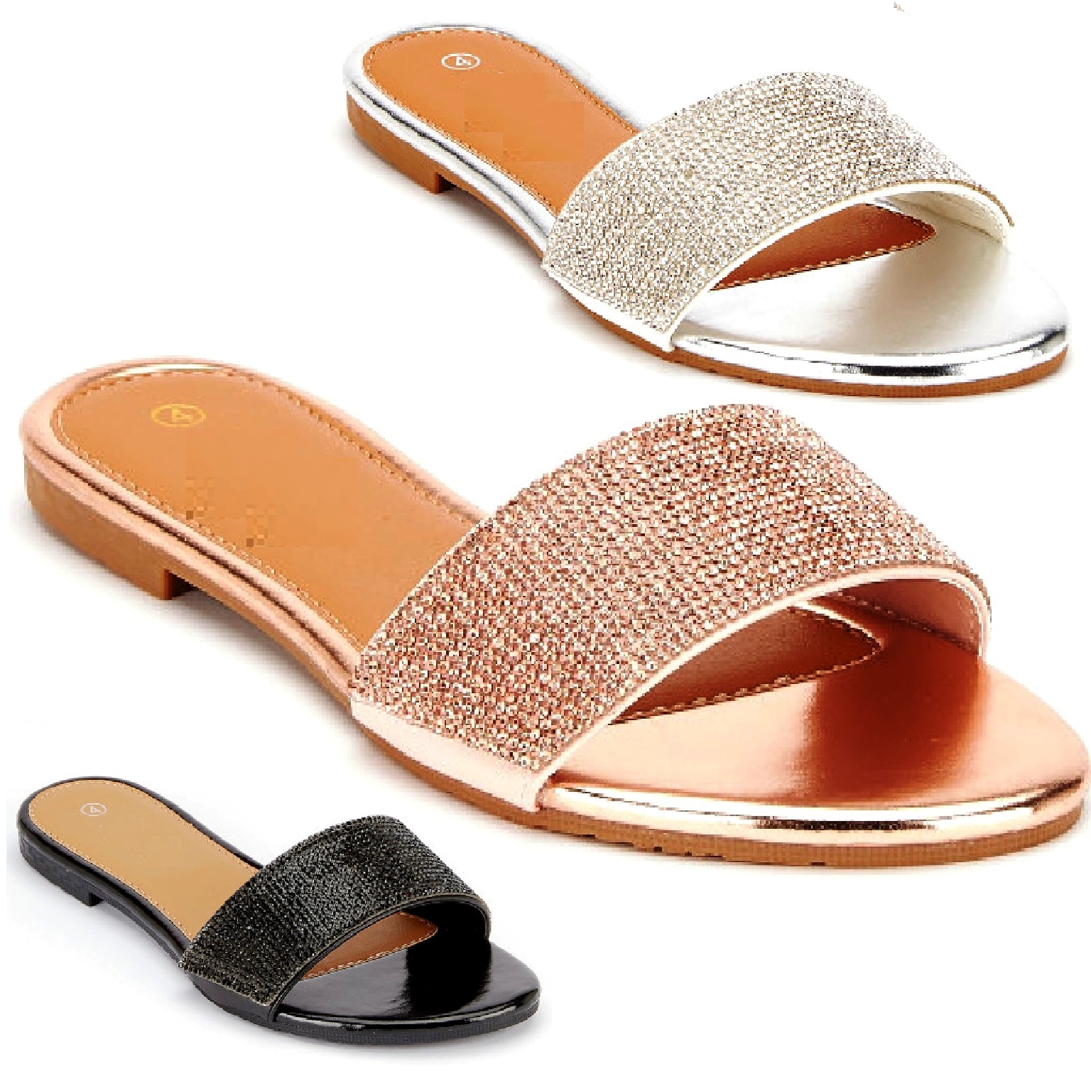 Womens Ladies Flat Diamante Sliders Slip On Summer Sandals Mules Slippers Size