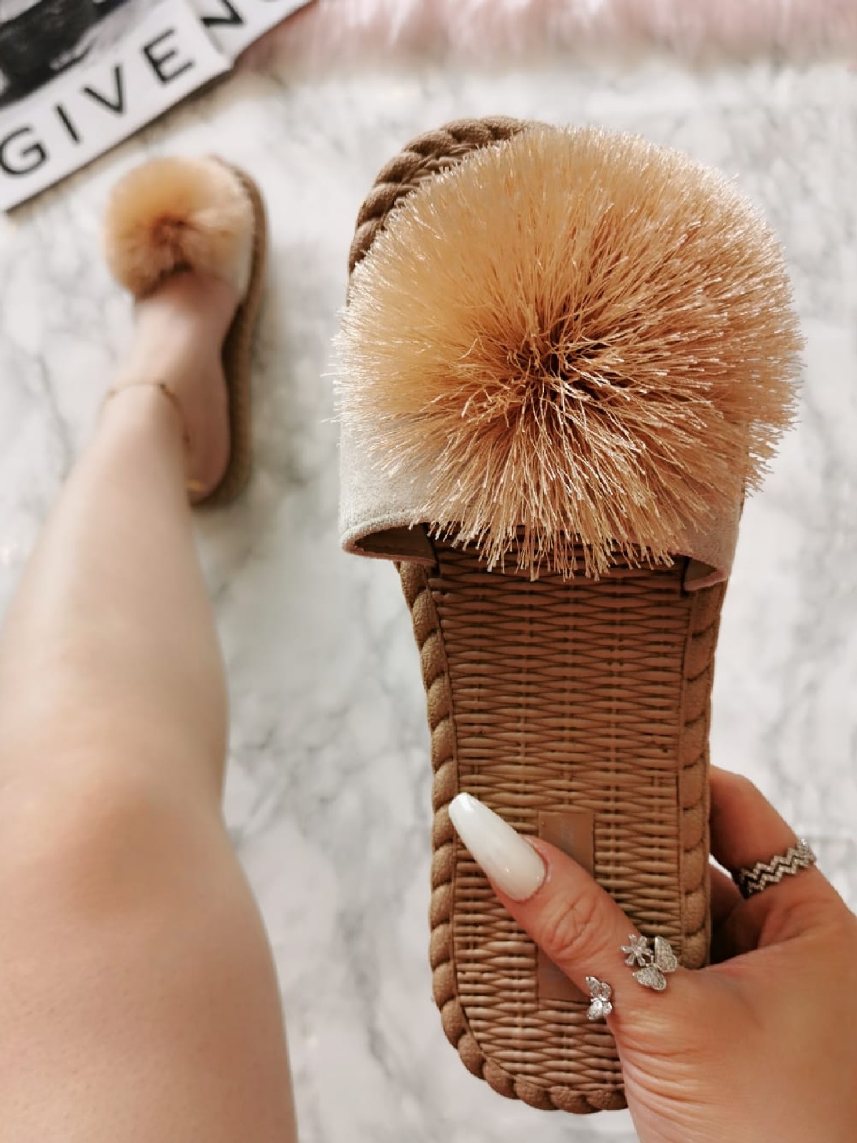 Ladies Womens Flat Fur PomPom T-Bar Espadrilles Peeptoe Sandals Pumps Shoes Size 